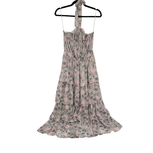 MISA Los Angeles Floral Print Valeria Halter Neck Midi Dress Pink Size Medium - Picture 6 of 12